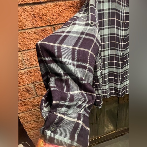 Lane Bryant  Womens Teal/Navy Plaid Popover Roll Tab Sleeve Button Down 22/24 - Picture 5 of 16